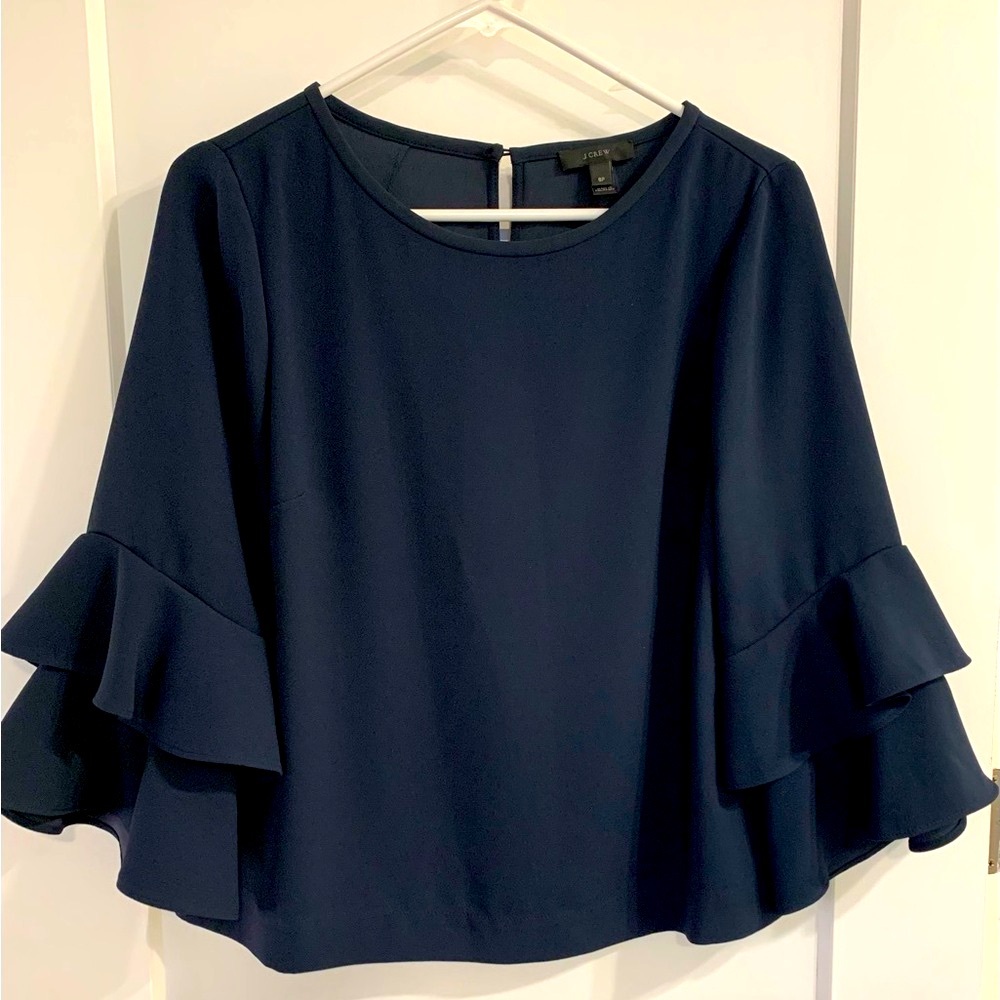 J. Crew Navy Ruffle Sleeve Blouse